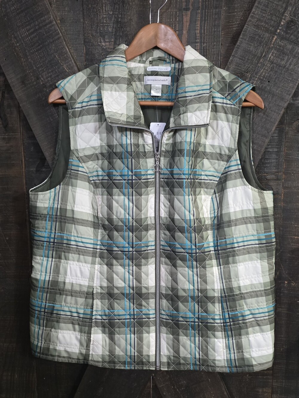 NWT Christopher & Banks Lightweight Quilted Plaid Vest - Olive & White Size XL.